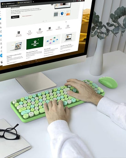 MOFII Wireless Keyboard and Mouse Combo, 2.4GHz Retro Full Size Typewriter Keyboard with Number Pad & Wireless Mouse for Laptop, PC, Desktop, Mac, Windows - Green Colorful