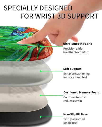 Hokafenle Ergonomic Wrist-Hugging Mouse Pad Wrist Support, U-Shaped Holding Wrist Rest Mousepad for Carpal Tunnel Pain Relief with Cushioned Memory Foam Slope Massage Bulge (10.2x8.3 in,Iris Flower)