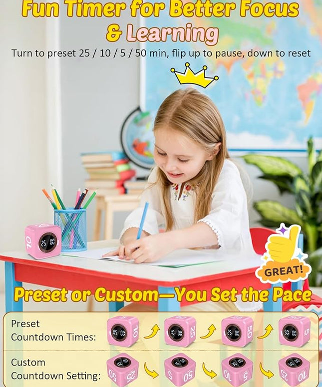 Digital Pomodoro Timer Cube 5/10/25/50min, Visual Productivity Flip Timer for Kids Classroom Desk, Custom Countdown, Silent and Sound Mode for ADHD Study Work Game Kitchen (Pink)