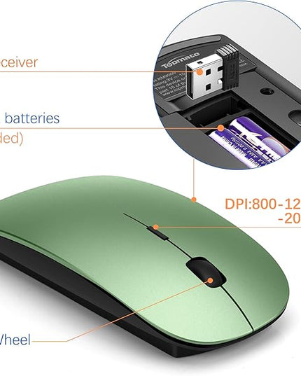 Wireless Keyboard and Mouse Ultra Slim Combo, TopMate 2.4G Silent Compact USB 2400DPI Mouse and Scissor Switch Keyboard Set with Cover, Batteries Included, for PC/Laptop/Windows/Mac - Green Black
