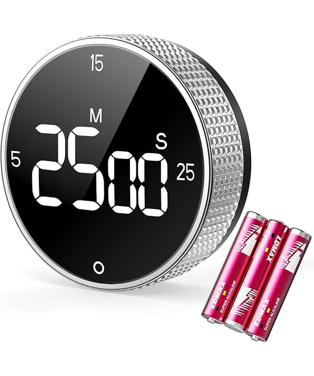 Digital Kitchen Timer with Magnetic, Large LED Display Countdown/Countup Timer, Pomodoro Preset 5/15/25 Mins, Volume & Brightness Adjustable for Cooking Baking Working Studying Silver
