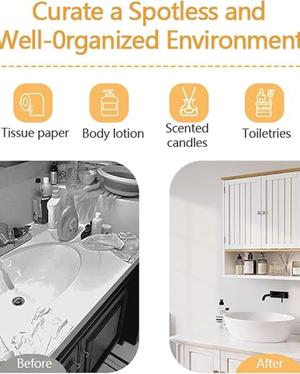Over The Toilet Bathroom Wall Cabinet with 2 Doors & Open Shelf – Space Saving Medicine Cabinet, Wooden Wall Mounted Storage Cupboard for Bathroom Organization White