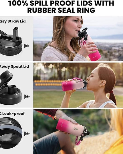 Insulated Water Bottle 32 oz, Triple Wall Vacuum Stainless Steel (Cold for 48 Hrs), Leak Proof & Non-BPA, Modern Water Flask Jug with Paracord Handle & Straw Spout Lids, Ombre Pink
