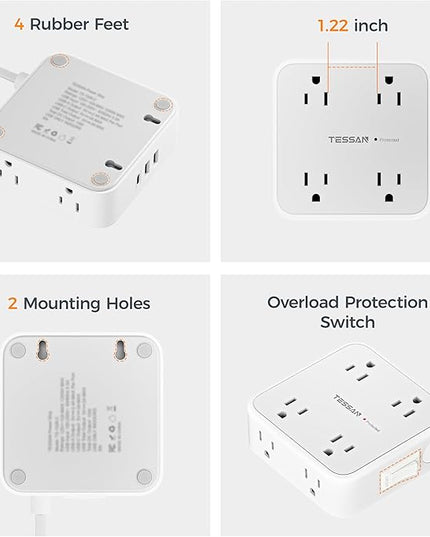 TESSAN 10 Ft Surge Protector Power Strip, 3 USB(1 USB C) 8 Outlets, Flat Plug Extension Cord with Multiple Outlets, 900J Protection, Desk Charging Station for Home, Dorm Room Essentials, Grey