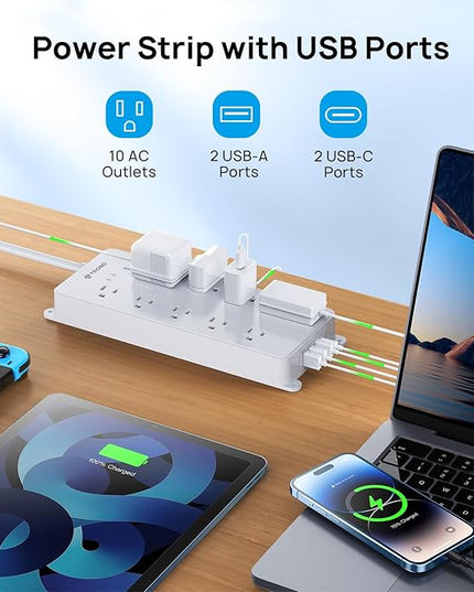 TROND Surge Protector Power Strip, Flat Plug 15ft Long Extension Cord, 10 Widely Spaced AC Outlets, 2 USB A & 2 USB C Ports, 4000J, ETL Listed, Wall Mountable, for Home Office Entertainment, White
