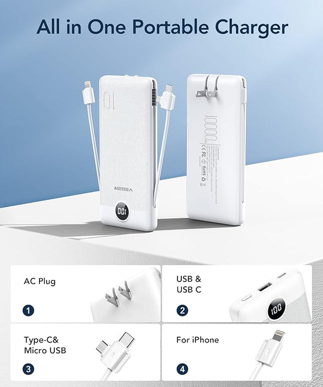 VEGER Portable Charger for iPhone Built in Cables and Wall Plug, 10000mah Slim Fast Charging USB C Power Bank, Travel Essential Battery Pack Compatible with iPhones, iPad, Samsung More Devices(White)