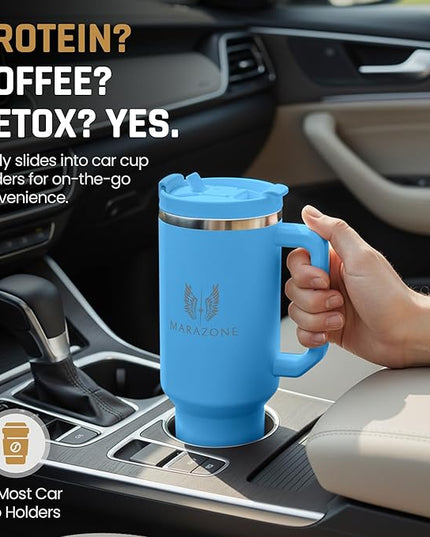 40 oz Insulated Tumbler with Handle and Straw – Stainless Steel Double Wall Vacuum Cup Fits Car Cup Holder, Hot Cold Travel Mug, BPA Free Reusable Water Bottle Gift for Women Men - Sky Blue