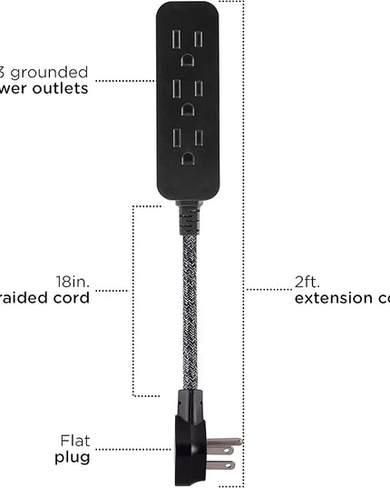 Cordinate Designer Mini 3-Outlet Power Strip, 18 in Braided Extension Cord, Grounded Adapter, Low-Profile Flat Plug, ETL Listed, Black/Dark Heather, 47298