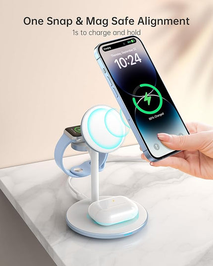 XooFly 3 in 1 Wireless Charging Station for Apple Devices, Fast Wireless Mag-Safe Charger Stand with 20W Adapter for iPhone 17/16 15 14 13 12 Pro Max/Pro/Plus/Air/Mini, iWatch, AirPods (Light Blue)