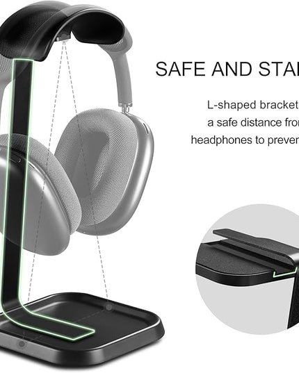 QinCoon Headphone Stand, Curved Headset Stand with Storage Tray, Gaming Headset Holder for AirPods Max, AirPods Max 2, AirPods, AirPods Pro, Beats, Bose, Sony and More (Black)