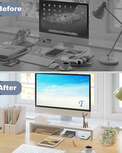 TEAMIX 20 inch White Monitor Stand Riser, Wood Desktop Stand for PC/TV/Laptop/Printer, White Monitor Riser with Storage, Computer Stand with Keyboard Organizer