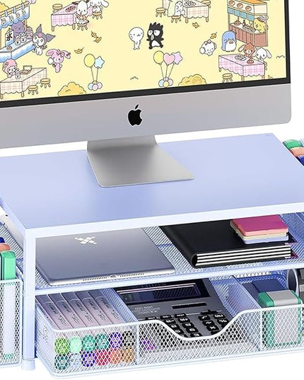 OPNICE Desk Organizers and Accessories, 2-Tier Computer Monitor Stand Riser with Drawer and 2 Pen Holders, Laptop Stand, Office Desk Accessories for Office Supplies, Blue