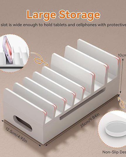 Pezin & Hulin Bamboo Charging Station with Watch Stand, Docking Holder for Multi Device with 5 Charge Cables, Desktop Dock Stations Electronic Organizer for Cellphone, Tablet, Watch-White