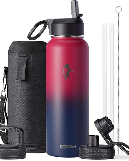 Water Bottle 40 oz Insulated with Straw&Brush, Coolflask Vaccum Stainless Steel Metal 3 Lids Water Flask for Sports, Gym or Office, Keep Cold 48H Hot 24H, Ombre Wine/Navy