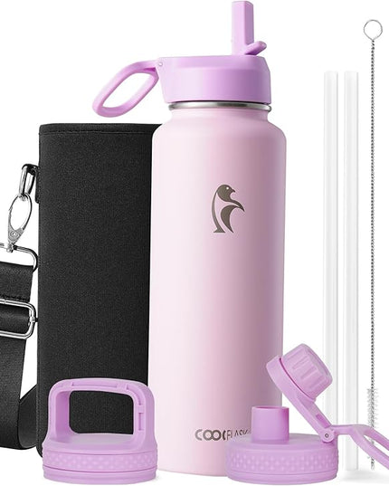 Coolflask Water Bottle 40 oz Insulated with Straw, Stainless Steel Metal 3 Lids Water Flask for Sports or Office, Keep Cold 48H Hot 24H, Pink