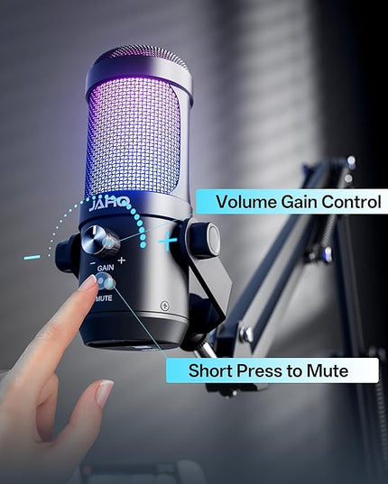 JARO USB Podcast Microphone with Boom Arm, Studio Condenser Mic with Real-Time Monitoring, Mute, Volume Control Ideal for Voice & Singing (Black)