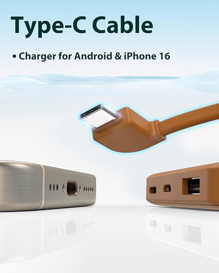 miisso 6000mah Ultra Slim Built in Cables Power Bank, Card Size Built in USB C Cords Battery Pack Portable Charger for Phones, 3 Output External Battery Pack Compatible with iPhone, Brown