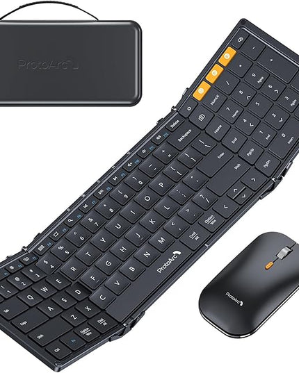 ProtoArc Foldable Keyboard and Mouse, XKM01 True Full-Size Folding Bluetooth Keyboard Mouse Combo for Business Travel, a Portable Office Suite On-The-Go, Compatible with Laptop iPad Tablet - Black