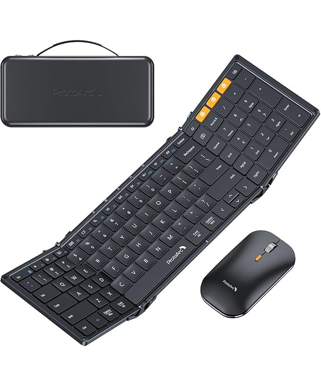 ProtoArc Foldable Keyboard and Mouse, XKM01 True Full-Size Folding Bluetooth Keyboard Mouse Combo for Business Travel, a Portable Office Suite On-The-Go, Compatible with Laptop iPad Tablet - Black
