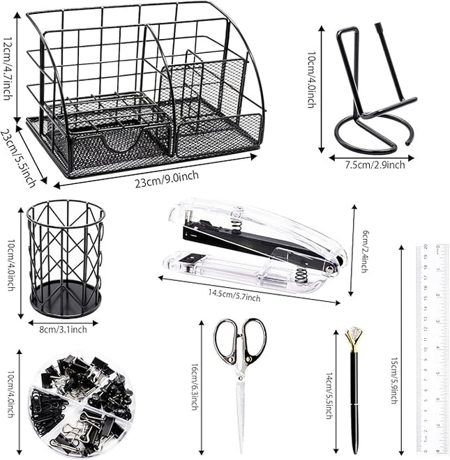 Black Desk Organizers and Accessories Office Supplies Set Stapler, Pen Holder, Phone Holder, Scissors, Pen, Ruler, 30 Paper Clips, 22 Binder Clip, 20 Tacks and 1000pcs Staples