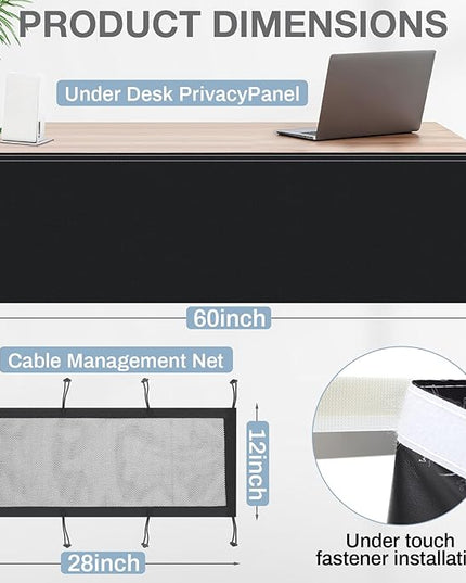 Tegeme Under Desk Privacy Panel with Cable Management Net Desk Skirt Self Adhesive Modesty Panel with Cord Organizer Pockets for Office Home Standing Workstation (60 '')