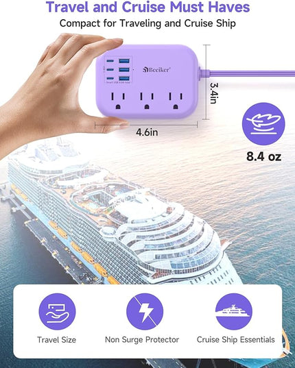 6 USB(3 USB C) Purple Travel Power Strip- 5Ft Purple Extension Cord with USB Charging Station 24W and 3 Outlets, Pink Desk Accessories for Cruise Travel Cute Kawaii Lavender Home Office Dorm Room