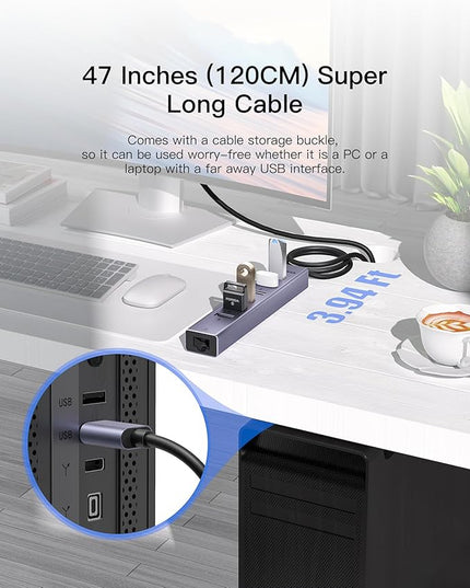 FORIDA 7 Port USB Hub - USB Ethernet HUB with 3.9ft Long Cable for Laptop, USB Extender with Gigabit Network Port and 5V/3A Power Port, Aluminum MultiPort USB hub for Laptop, iMac, PC, Flash Drives
