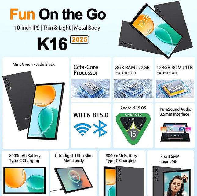 SKYEGG 2025 Android 15 Tablet 10.1 Inch Tablets, 30GB RAM 128GB ROM 1TB Expand, 8000mAh Battery, BT5.0, 2.4/5G Wi-Fi 6, Metal Body with Keyboard & Mouse, Gemini AI, Widevine L1 HD IPS Display - Black