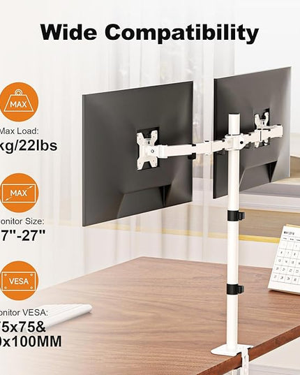 Suptek Dual LED LCD Monitor Stand up Desk Mount Extra Tall 31.5" Pole Heavy Duty Fully Adjustable Stand for 2 / Two Screens up to 27 inch,White (MD6842W)