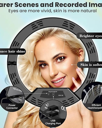MACTREM 22" Foldable Ring Light with Stand for iPhone ipad, 75" Tripod with Wheels 50W 6500K LED Display/2 USB Ports Large Ringlight Rolling, Tattoo Barber Makeup Studio Video Photography Lighting