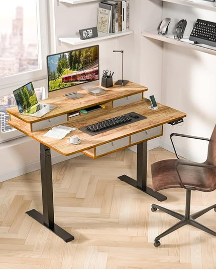 Kingant Standing Desk with Drawers & USB Charging Port, 48" x 30" Height Adjustable Home Office & Gaming Desk, Sit Stand Desk with Built-in Storage Shelf, Hook & Ergonomic Design(Light Rustic)