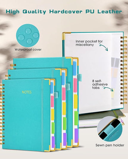 Hardcover Spiral Notebook Journal with Removable Dividers Tabs, 300 Pages Leather 5 Subject Notebook College Ruled, 8"x10" Large B5 Notebooks for Work School Note taking, Lined Journal for Women, Blue