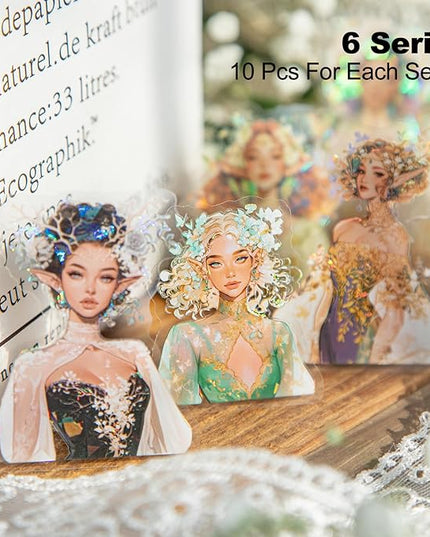 AuriicLeaf Spring Flower Girls PET Stickers Set, 60Pcs Fairy Character Stickers with Holographic Effect for Journaling, Scrapbooking, and DIY Crafts