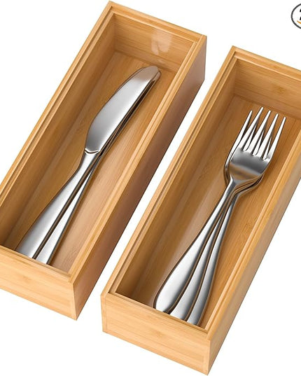 Bamboo Drawer Organizer – Set of 2 Stackable Storage Boxes, Silverware Tray & Small Gadget Holder for Kitchen Drawers, 9" x 3" x 2" (Outer), 8.3" x 2.3" x 1.77" (Inner)