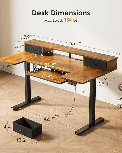 OffiGo U Shaped Electric Standing Desk with Drawers, 55 Inch Height Adjustable Desk with Keyboard Tray ＆ Ergonomic Monitor Stand, Sit Stand Table with Power Outlets for Home, Office, Rustic Brown