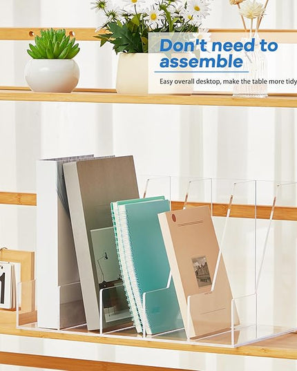 Suzile Clear Acrylic Magazine File Holder with Vertical Compartments Desk Organizer Book Rack for Desk Sorter Paper Folder Office Accessories (Groovy,15.75 x 9.45 x 8.86 Inch)