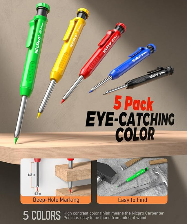 Nicpro 27 Pack Carpenter Pencils for Woodworking, Construction Mechanical Pencil with 100 Refill, Automatic Center Punch and Carbide Scribe Carpenter Tool, Construction Pencil for Carpenters Marking
