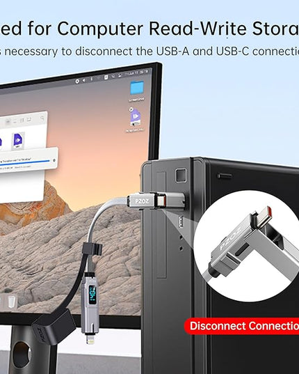PZOZ Portable Keychain 5-in-1 OTG Cable with USB C Fast Charging LED Display and Micro SD/TF Card Reader, Multi USBC Charger Combo Lightning/Type C/USB A for iPhone iPad MacBook Samsung-140W 7.3 inch
