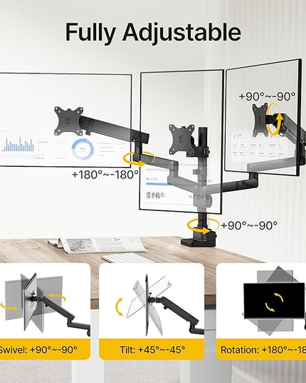 monTEK Triple Monitor Mount for Max 27 inch Computer Screens, 3 Monitor Desk Mount Each Arms Holds up to 19.8lbs, Three Monitors Desk Arm with Swivel, Tilt, Rotation, MA1009PBK-T