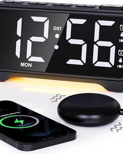 Loud Vibrating Alarm Clock for Heavy Sleepers with Bed Shaker Under Pillow, Hearing Impaired/Deaf/Teens, Dual Alarms, Adjustable Date, Nightlight & Battery Backup, Large LED Digital Display, 12/24H