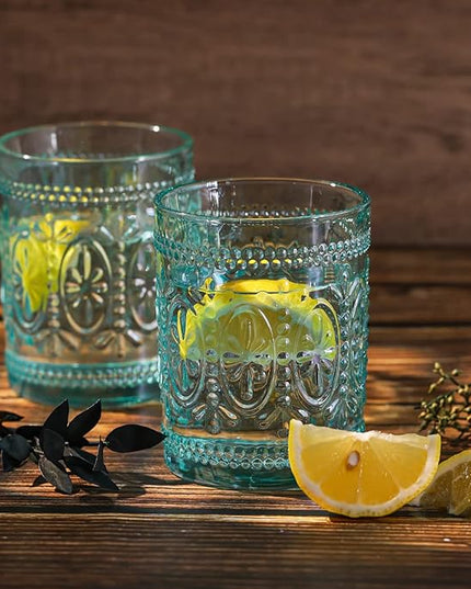 Glassware set of 4, Vintage Drinking Glasses, 10oz Heavy Duty Glass Cups, Colored Glassware Set, Embossed Glasses Set for Party Wedding Home Office Glassesware Gift