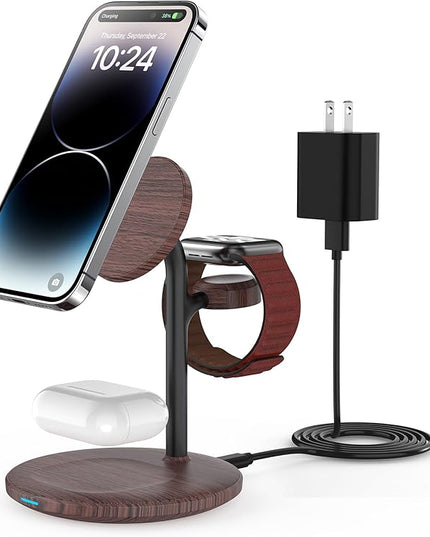 XooFly 3 in 1 Wireless Charging Station for Apple Devices, Fast Wireless Mag-Safe Charger Stand with 20W Adapter for iPhone 17/16 15 14 13 12 Pro Max/Pro/Plus/Air/Mini,iWatch,AirPods,Brown Wood Grain