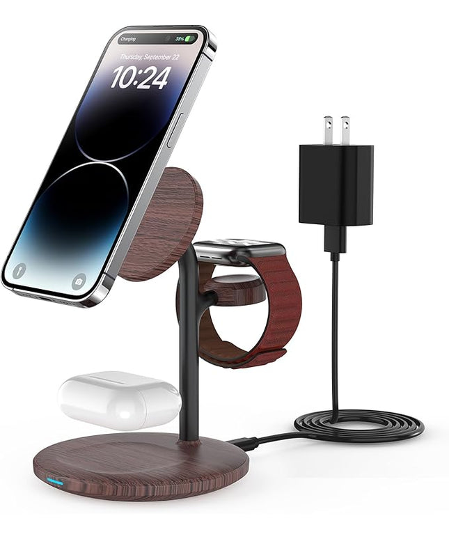 XooFly 3 in 1 Wireless Charging Station for Apple Devices, Fast Wireless Mag-Safe Charger Stand with 20W Adapter for iPhone 17/16 15 14 13 12 Pro Max/Pro/Plus/Air/Mini,iWatch,AirPods,Brown Wood Grain