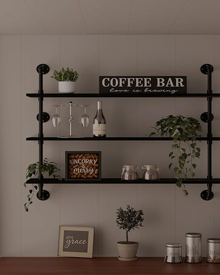 Industrial Pipe Shelving Rustic Black Wall Shelves with Wood Planks Industrial Floating Shelves 48 Inch 3 Tier Farmhouse Bookshelf Pipe Shelves Wall Mounted,Open Shelving For living room/office