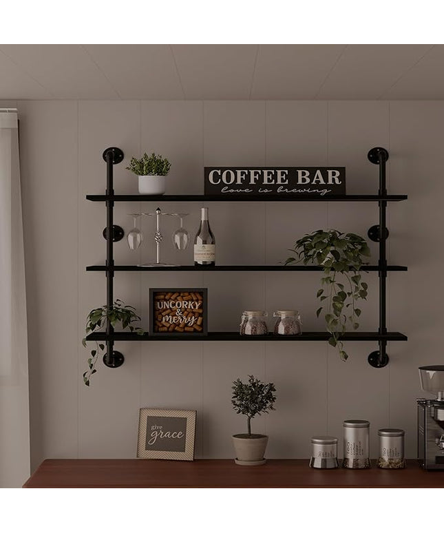 Industrial Pipe Shelving Rustic Black Wall Shelves with Wood Planks Industrial Floating Shelves 48 Inch 3 Tier Farmhouse Bookshelf Pipe Shelves Wall Mounted,Open Shelving For living room/office