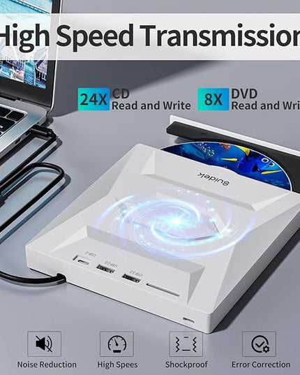 External CD DVD Drive, Ultra Slim Portable CD Player for Laptop CD DVD +/-RW Burner with SD Card Reader USB 3.0 Type C Hub Compatible with Laptop PC Windows Linux