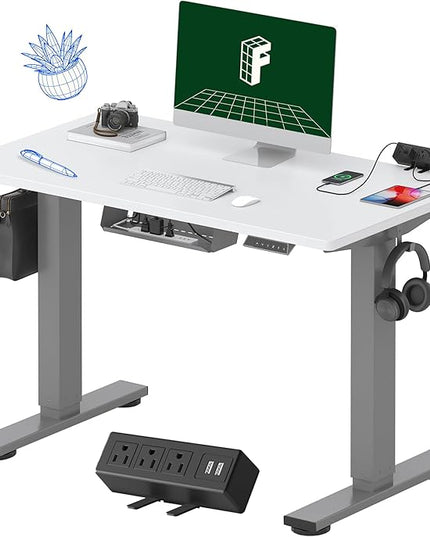 FLEXISPOT EN2 Whole-Piece Standing Desk with Clamp Power Strip, 40 x 24'' Electric Stand Up Height Adjustable Desk with Cable Management (Gray Frame + 40" White Top, 2 Packages)