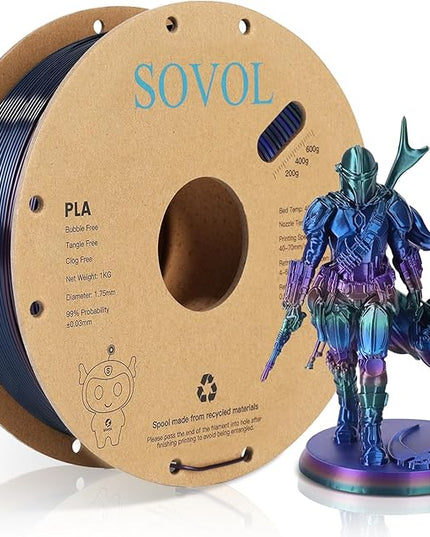 Sovol 3D Printer Silk Shiny Multicolored Fast Change Rainbow PLA 1kg (2.2 lbs) Spool 3D Printing Materials, Dimensional Accuracy +/- 0.03 mm, 1.75 mm, Purple Rainbow