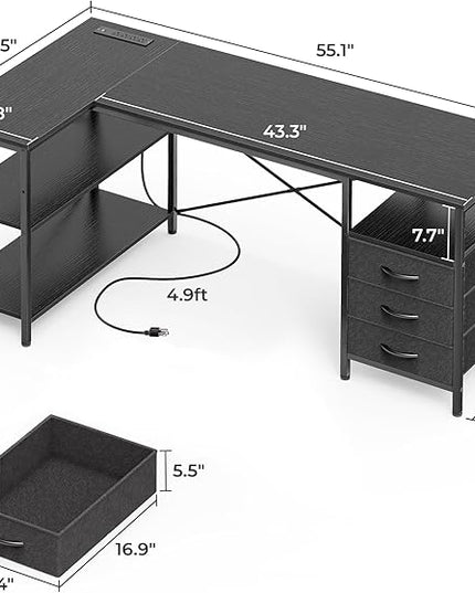 Huuger L Shaped Office Desk with Power Outlets, 55 Inch Computer Desk with 3 Drawers, Shelves, Reverisble for Gaming Corner Work Home Office Study, Black