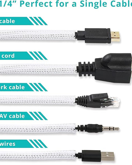 20ft - 1/4 inch White Cable Sleeve, Cable Organizer for Desk PC TV Computer, Wire Protector Cable Wrap Cover, Cord Management for Home Office